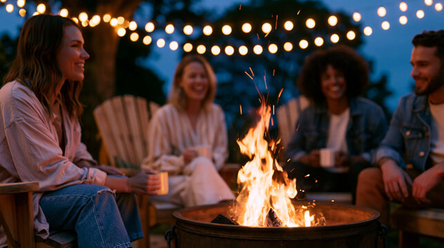 Friends gathered around a backyard fire pit at night. Diverse group of woman and man enjoying outdoor party with campfire. Social gathering with drinks during summer evening celebration.