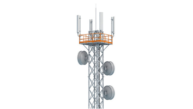 Modern telecommunications tower with metal structure and satellite dish antennas for wireless data network on transparent background