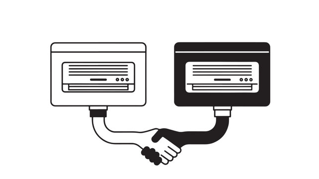 Handshake Between Two Computer Icons Connected by Linking Cable, Cybersecurity Networking Concept in Line Art Style