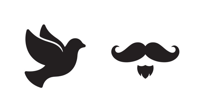 Bird Silhouette Icon and Mustache with Beard Icon Set for Playful Branding, Party Invitations, and Social Media Graphics