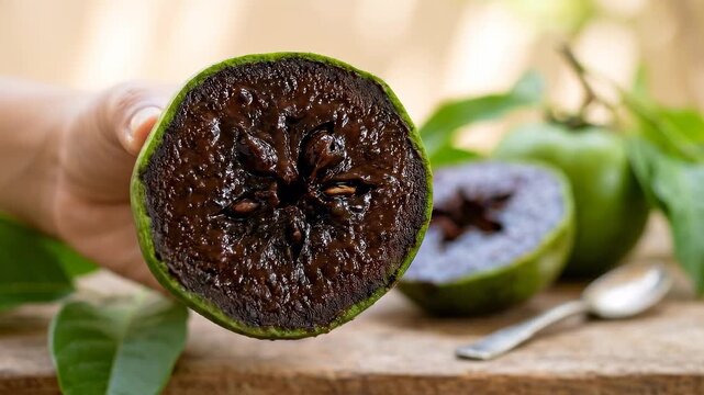 Tracking shot of hand presenting cut guava halves revealing dark glossy pulp on wooden table with leaves