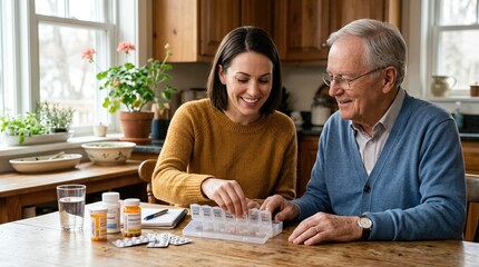 Fototapeta premium Woman organizing pills for senior man at kitchen table. Caring daughter helping father with medication schedule. Healthy aging and elderly care concept