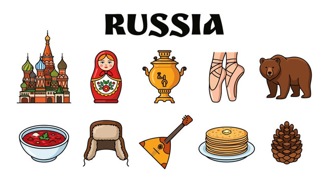 Collection of Russian Cultural Symbols and Icons.