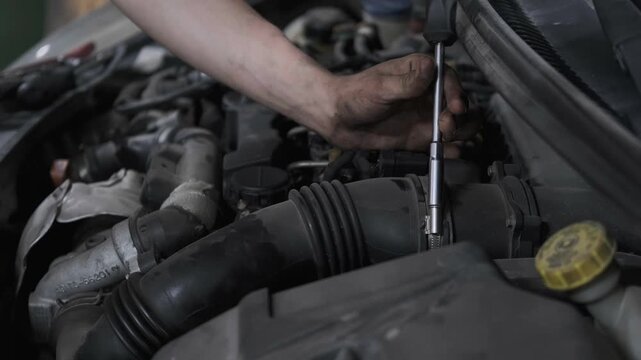 Close Up of Mechanic Hand Using a Socket Wrench Tool to Unscrew and Disassemble a Car Engine Part Under the Hood