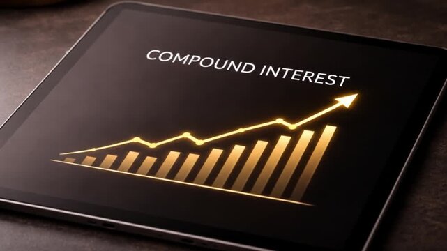 A close-up of a high-end digital tablet screen displaying a simple upward-trending neon gold line graph with the text 'COMPOUND INTEREST' in clean white font