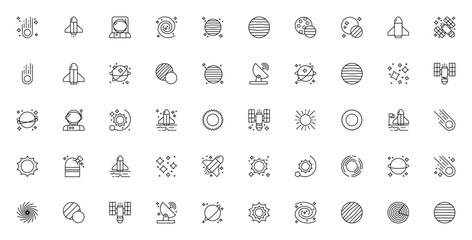 Space icon set. Minimal line vector icons. Related to meteor, rocket, astronaut, galaxy, planet, satellite, moon, sun, star, comet, black hole, universe and more. Editable vector stroke. © wang