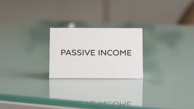 Clean white card with passive income typography on modern glass desk