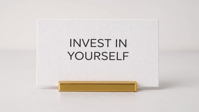 Invest in yourself bold typography on white card with gold bar concept