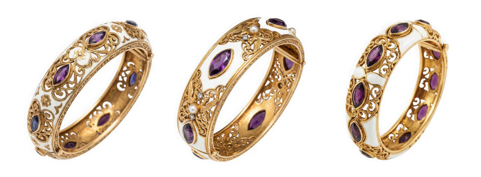 Collection of three ornate gold bangles decorated with purple gemstones isolated on transparent background