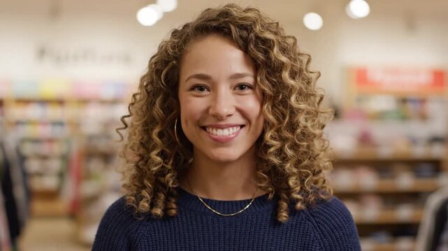 Portrait of a Happy Young Woman with Curly Hair Talking to Camera in a Brightly Lit Bookstore Interior