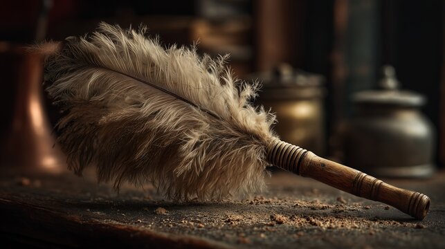 Vintage feather duster with rustic background, warm moody lighting, nostalgic home cleaning aesthetic, and detailed composition