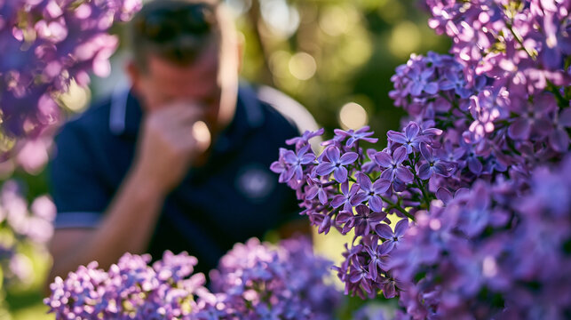Man suffering from seasonal allergy standing near blooming lilac bush. Male patient rubbing eyes or nose due to pollen irritation. Health problem, spring allergy attack and medical concept.