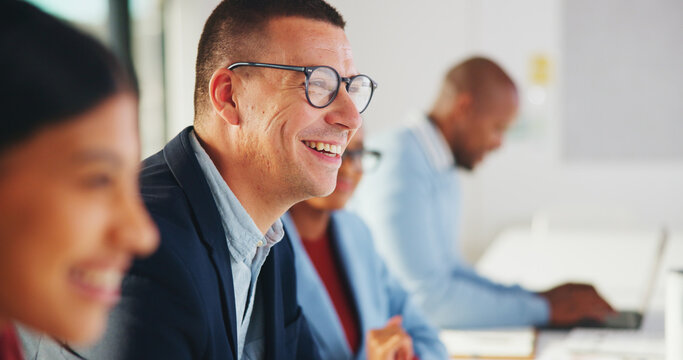 Meeting, business or man with smile in office, corporate training or learning in insurance agency. Happy, listen or people with customer objection education, sales pitch workshop or upskill seminar