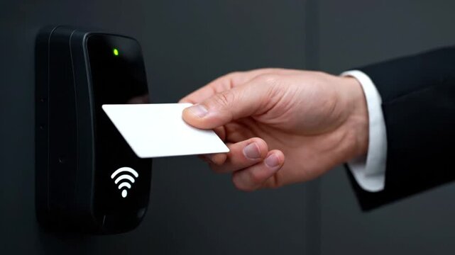 Professional Businessman Using Contactless Smart Card to Access Secure Office Building with RFID Reader Technology