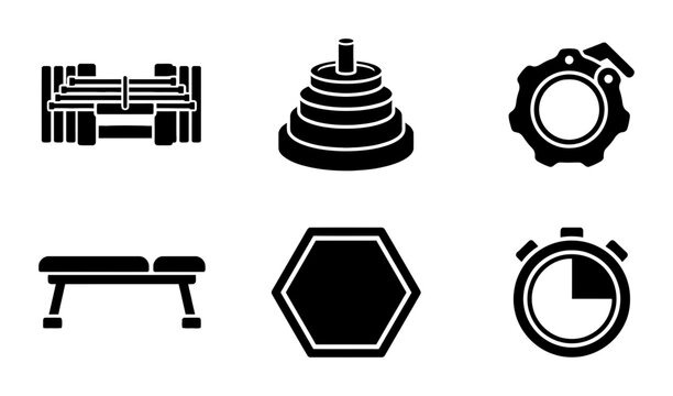 Fitness Equipment Icons: Weight Rack, Stacked Weights, Clamp, Bench, Hexagon, Stopwatch, Vector Graphics for Gym and Workout Design