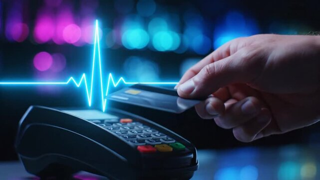 Futuristic Contactless Payment Transaction with Glowing EKG Heartbeat Line and POS Credit Card Terminal