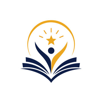 Modern educational logo showing success student rising from open book.