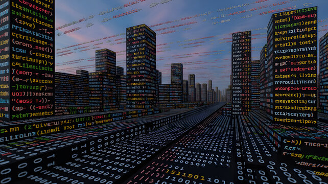 A city built entirely from code strings and symbols, forming tangible architecture, hyper-realistic rendering