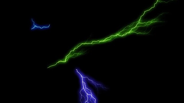 Abstract multicolor lightning strikes motion graphic on black background with electric discharge effects.