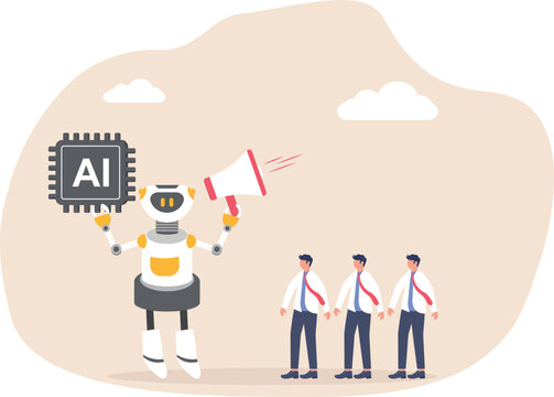 White futuristic robot holding megaphone loudspeaker yelling at line of three business professionals near ai chip icon