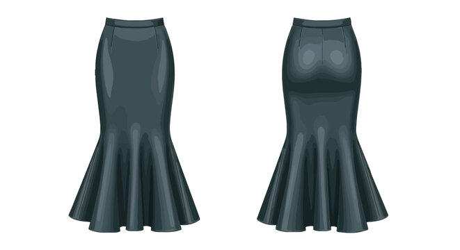 Elegant Dark Teal Mermaid Skirt Illustration, Long Fishtail Skirt with High Waist Front and Back Views, Fashion Template for Women