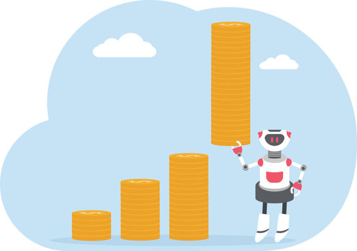 White futuristic robot operating vertical bar chart bars sorting golden coin currency stack piles data layout