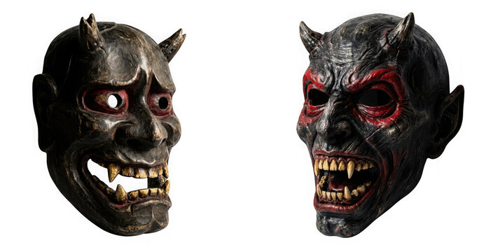 Two sinister devil masks for costume isolated on transparent background