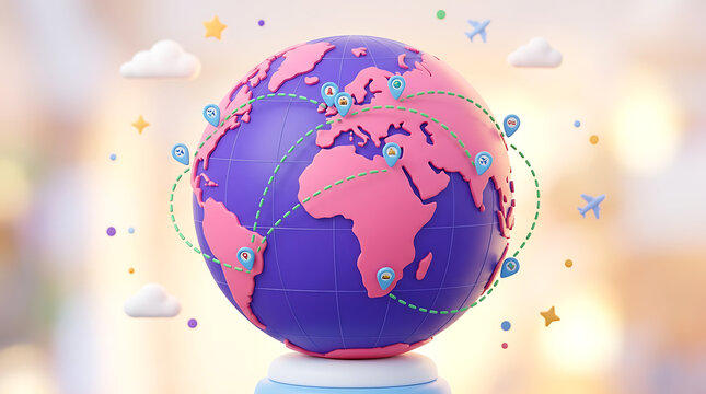 Stylized 3D globe with interconnected routes and icons representing global communication and travel connection communication international continents abstract technology community business