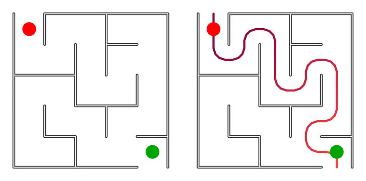 Simple square maze for kids with solution shown side by side, printable logic puzzle isolated on transparent background