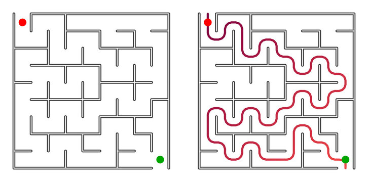 Simple square maze for kids with angular corridors and solved path shown side by side, printable logic puzzle on transparent background