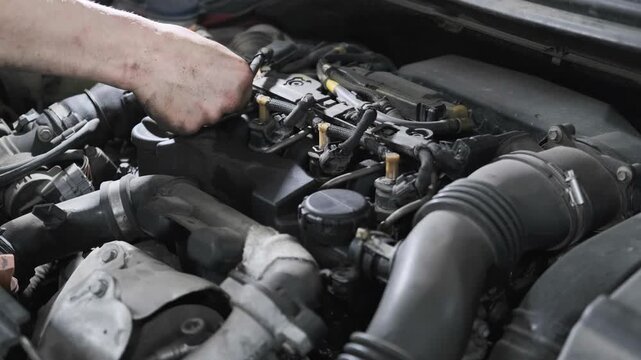 Close Up of Auto Mechanic Hands Repairing and Fixing Car Engine under the Hood in a Garage Workshop