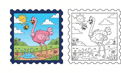 Obraz premium Playful Cartoon Pink Ostrich and Bee Splashing in a Puddle on a Sunny Day