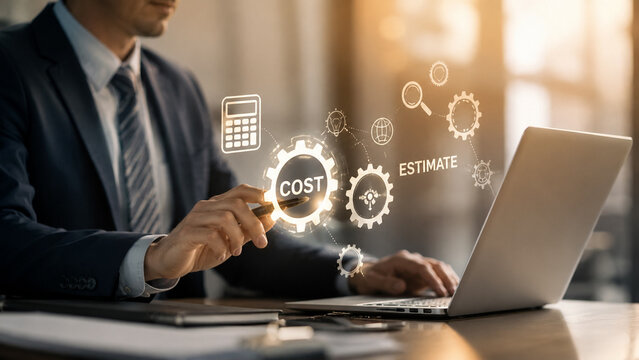 AI generated business professional interacting digital cost estimate interface laptop warm office lighting concept of financial planning data analysis modern technology for corporate decision