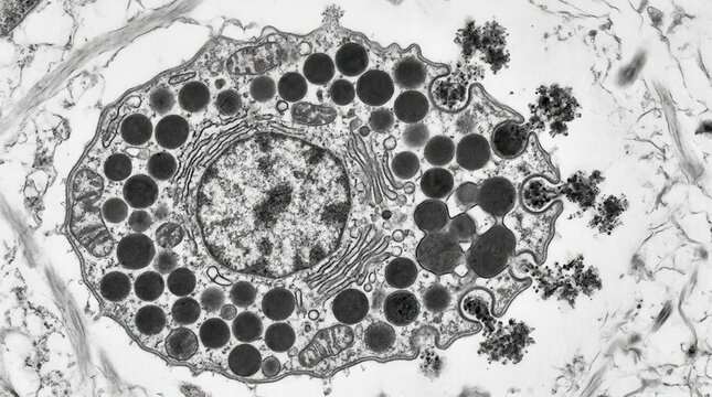 TEM of degranulating mast cell showing compound exocytosis mechanism