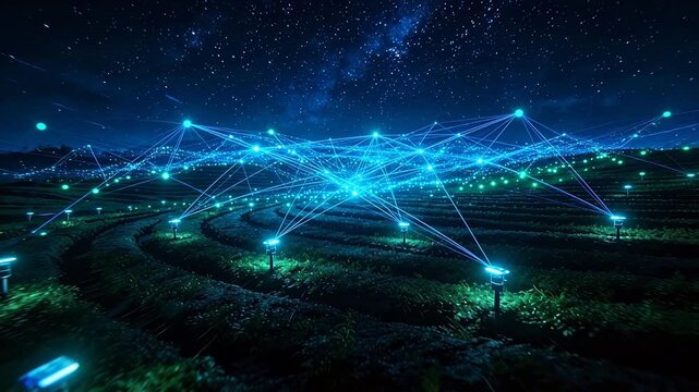 Smart agriculture farm at night with terraced fields blue wireless network and starry sky