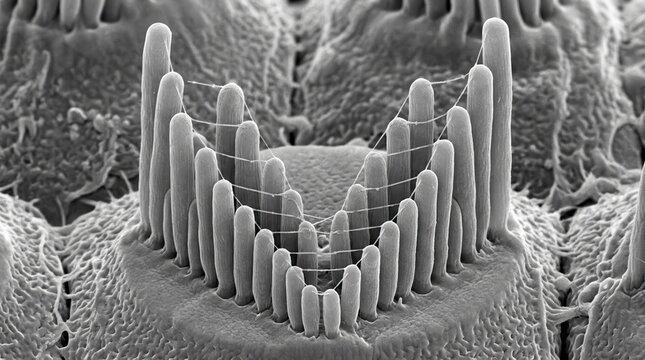 SEM of cochlear hair cell stereocilia bundle staircase pattern