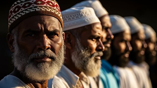 A group of men wearing traditional headwear stand in a line looking forward.