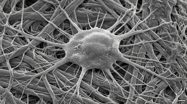 SEM of activated platelet on collagen substrate with filopodial pseudopods