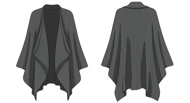 Front and Back View of a Womens Oversized Charcoal Grey Cardigan Poncho Cape Illustration