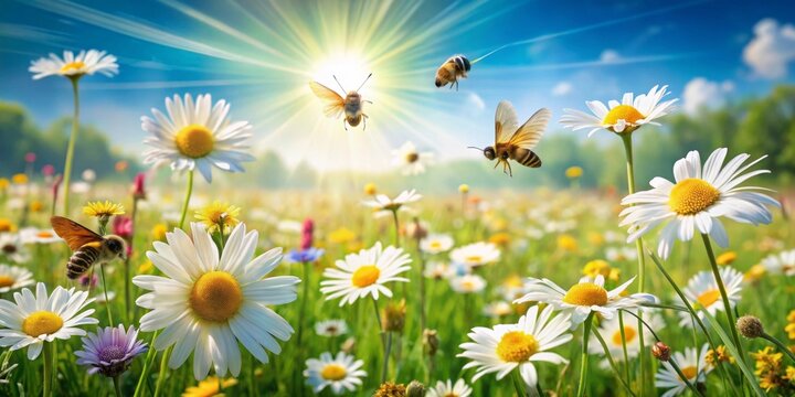 A vibrant sunlit meadow alive with buzzing insects flitting amongst cheerful blooming wildflowers under a clear blue sky