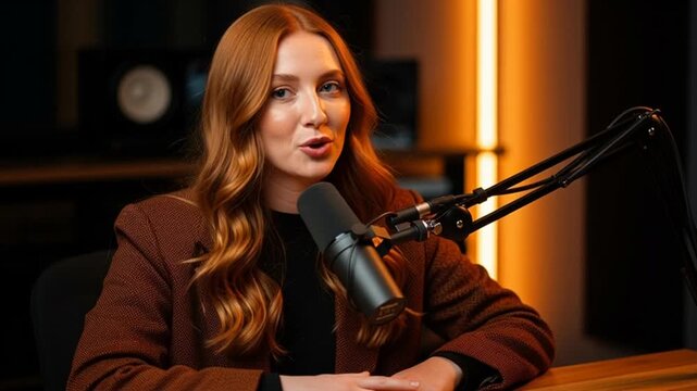 A woman with red hair sits at a desk speaking into a microphone in a recording studio.