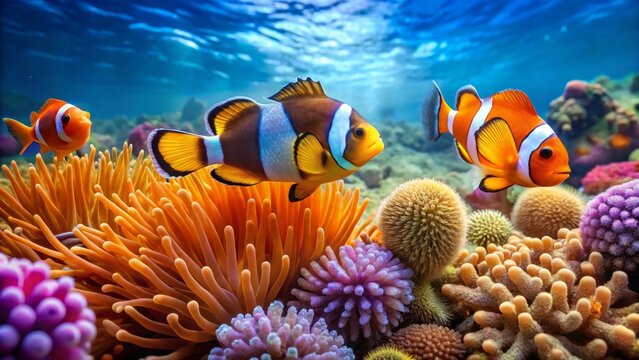 vibrant underwater reef teeming with colorful marine life and playful fish exploring their oceanic home