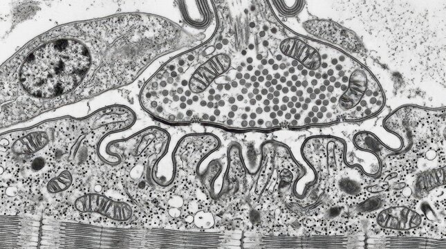 TEM of neuromuscular junction with synaptic vesicles and junctional folds