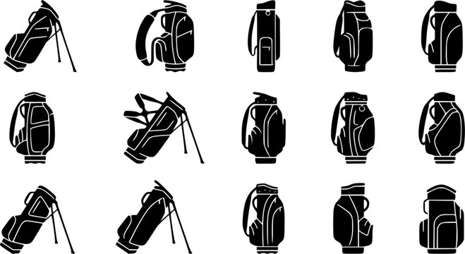 Golf bag silhouette icon set, flat black glyph 
style, pure white background