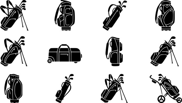 Golf bag silhouette icon set, flat black glyph 
style, pure white background