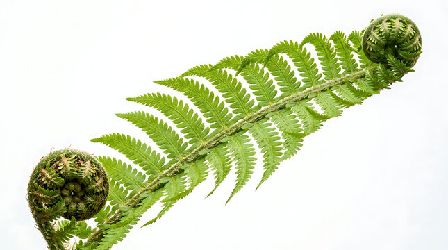 Two fern fiddleheads emerging with fiddlehead unfurling delicate vegetation pteridophyte