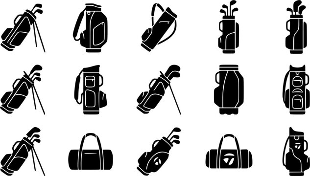 Golf bag silhouette icon set, flat black glyph 
style, pure white background
