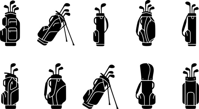 Golf bag silhouette icon set, flat black glyph 
style, pure white background
