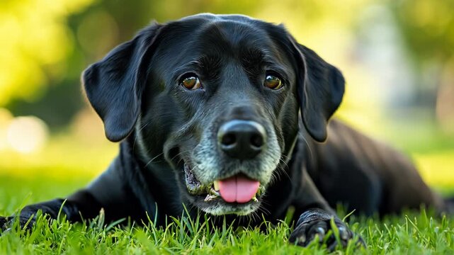 Static close up slow motion view of black labrador lifting head turning and panting on green lawn outdoors