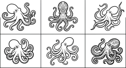 Black and white illustrations of various octopus designs © Moriom
